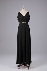 Elegante chiffon-riemen V-back lange bruidsmeisje jurken