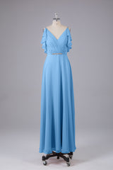 Elegante chiffon-riemen V-back lange bruidsmeisje jurken