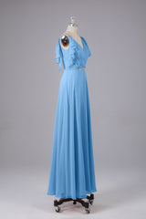 Elegante chiffon-riemen V-back lange bruidsmeisje jurken