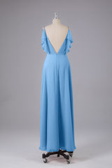 Elegante chiffon-riemen V-back lange bruidsmeisje jurken