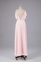 Elegante chiffon-riemen V-back lange bruidsmeisje jurken