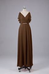 Elegante chiffon-riemen V-back lange bruidsmeisje jurken