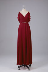 Elegante chiffon-riemen V-back lange bruidsmeisje jurken