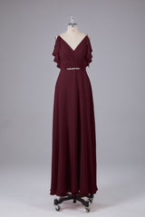 Elegante chiffon-riemen V-back lange bruidsmeisje jurken