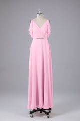 Elegante chiffon-riemen V-back lange bruidsmeisje jurken
