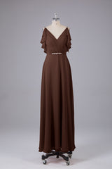 Elegante chiffon-riemen V-back lange bruidsmeisje jurken