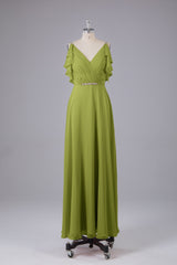 Elegante chiffon-riemen V-back lange bruidsmeisje jurken
