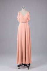 Elegante chiffon-riemen V-back lange bruidsmeisje jurken