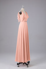 Elegante chiffon-riemen V-back lange bruidsmeisje jurken