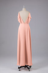 Elegante chiffon-riemen V-back lange bruidsmeisje jurken