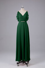 Elegante chiffon-riemen V-back lange bruidsmeisje jurken