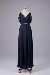 Elegante chiffon-riemen V-back lange bruidsmeisje jurken