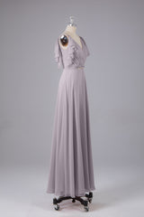Elegante chiffon-riemen V-back lange bruidsmeisje jurken