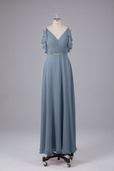 Elegante chiffon-riemen V-back lange bruidsmeisje jurken
