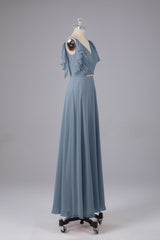 Elegante chiffon-riemen V-back lange bruidsmeisje jurken