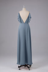 Elegante chiffon-riemen V-back lange bruidsmeisje jurken