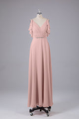 Elegante chiffon-riemen V-back lange bruidsmeisje jurken