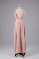 Elegante chiffon-riemen V-back lange bruidsmeisje jurken