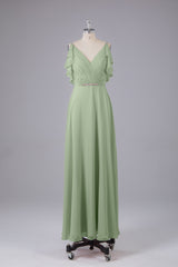 Elegante chiffon-riemen V-back lange bruidsmeisje jurken