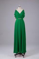 Elegante chiffon-riemen V-back lange bruidsmeisje jurken