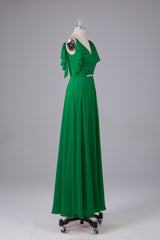 Elegante chiffon-riemen V-back lange bruidsmeisje jurken