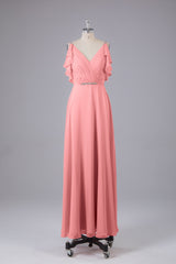 Elegante chiffon-riemen V-back lange bruidsmeisje jurken