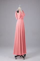 Elegante chiffon-riemen V-back lange bruidsmeisje jurken