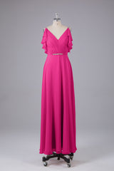 Elegante chiffon-riemen V-back lange bruidsmeisje jurken