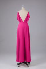 Elegante chiffon-riemen V-back lange bruidsmeisje jurken