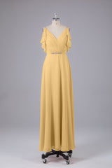 Elegante chiffon-riemen V-back lange bruidsmeisje jurken