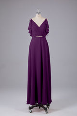 Elegante chiffon-riemen V-back lange bruidsmeisje jurken