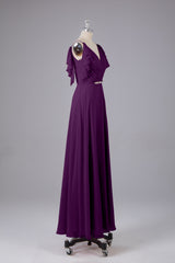 Elegante chiffon-riemen V-back lange bruidsmeisje jurken