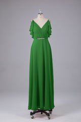 Elegante chiffon-riemen V-back lange bruidsmeisje jurken