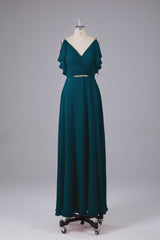 Elegante chiffon-riemen V-back lange bruidsmeisje jurken