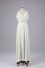 Elegante chiffon-riemen V-back lange bruidsmeisje jurken