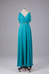 Elegante chiffon-riemen V-back lange bruidsmeisje jurken