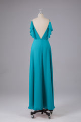 Elegante chiffon-riemen V-back lange bruidsmeisje jurken