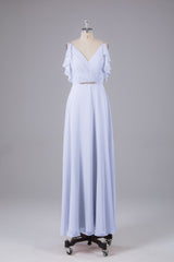 Elegante chiffon-riemen V-back lange bruidsmeisje jurken
