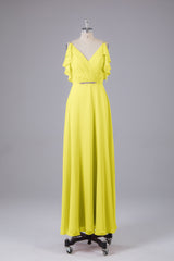Elegante chiffon-riemen V-back lange bruidsmeisje jurken