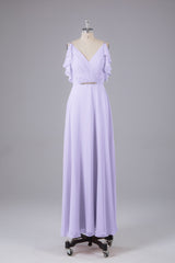 Elegante chiffon-riemen V-back lange bruidsmeisje jurken