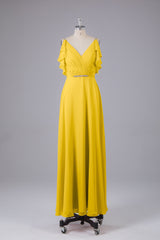 Elegante chiffon-riemen V-back lange bruidsmeisje jurken