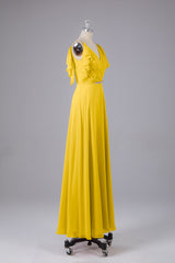 Elegante chiffon-riemen V-back lange bruidsmeisje jurken