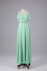 Elegante chiffon-riemen V-back lange bruidsmeisje jurken