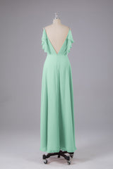 Elegante chiffon-riemen V-back lange bruidsmeisje jurken