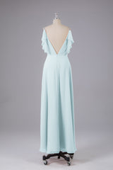 Elegante chiffon-riemen V-back lange bruidsmeisje jurken