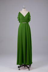 Elegante chiffon-riemen V-back lange bruidsmeisje jurken