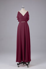 Elegante chiffon-riemen V-back lange bruidsmeisje jurken