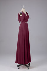 Elegante chiffon-riemen V-back lange bruidsmeisje jurken