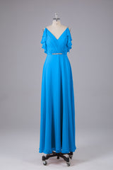 Elegante chiffon-riemen V-back lange bruidsmeisje jurken
