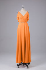Elegante chiffon-riemen V-back lange bruidsmeisje jurken